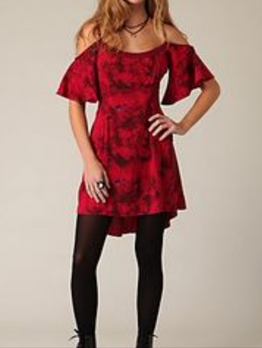 Free People Retro Red Floral Mini Dress Cold Shoulder Embroidered Pleated